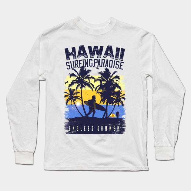 Hawaii surfing paradise endless summer ,Surfing Hawaii  Vacation Palm Trees Tropical Long Sleeve T-Shirt by bakmed